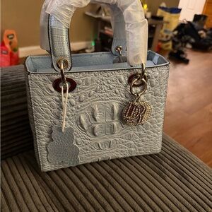 Elegant Light Blue Faux Croc-Embossed Handbag Novelty Trendy NWT